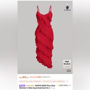 SHEIN Plus Size Red Asymmetrical Ruffle Slip Dress